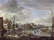 Aert van der Neer A Frozen River Near a Village,with Golfers and Skaters painting